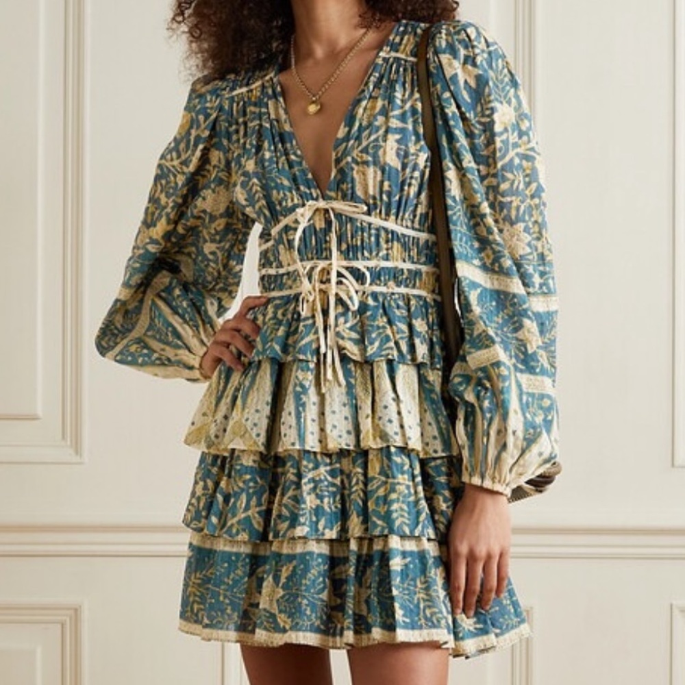 Ulla Johnson Nina Tiered Printed Cotton-blend Voile Mini Dress Blue Yellow